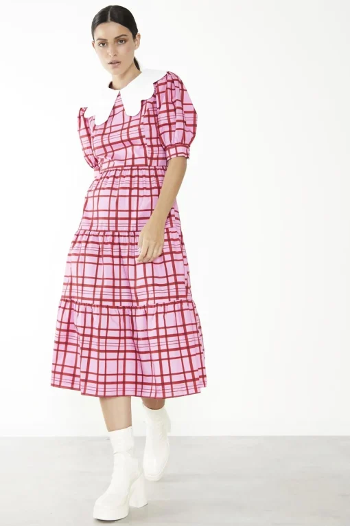 Glamorous Day Dresses|Glamorous Care: Our Sustainable Collection|Pink-Red Grid-Check Tiered Collared Midi-Dress -
