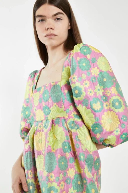 Glamorous Best Dressed Guest|Chic Escapes|Pink-60s-Flower-Jacquard Babydoll Mini Dress -