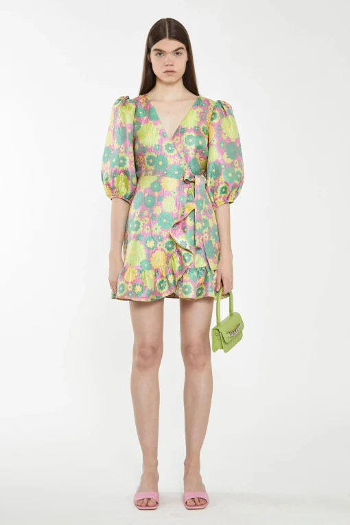 Glamorous Best Dressed Guest|Chic Escapes|Pink-60s-Flower-Jacquard Wrap Mini Dress -