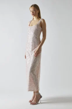 Glamorous Party Dresses|Going Out Dresses|Pink-Silver Sequin Square-Neck Bias-Cut Midaxi-Dress -