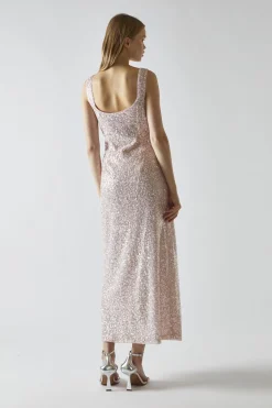 Glamorous Party Dresses|Going Out Dresses|Pink-Silver Sequin Square-Neck Bias-Cut Midaxi-Dress -