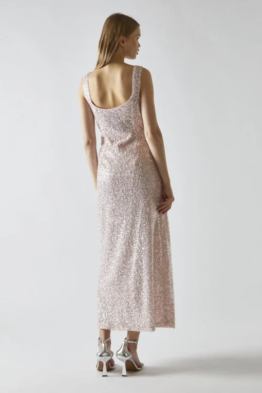 Glamorous Party Dresses|Going Out Dresses|Pink-Silver Sequin Square-Neck Bias-Cut Midaxi-Dress -