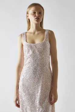 Glamorous Party Dresses|Going Out Dresses|Pink-Silver Sequin Square-Neck Bias-Cut Midaxi-Dress -