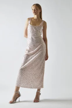 Glamorous Party Dresses|Going Out Dresses|Pink-Silver Sequin Square-Neck Bias-Cut Midaxi-Dress -