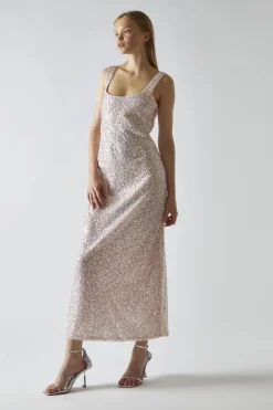 Glamorous Party Dresses|Going Out Dresses|Pink-Silver Sequin Square-Neck Bias-Cut Midaxi-Dress -