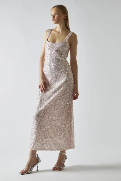 Glamorous Party Dresses|Going Out Dresses|Pink-Silver Sequin Square-Neck Bias-Cut Midaxi-Dress -