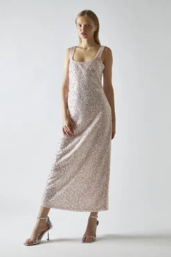 Glamorous Party Dresses|Going Out Dresses|Pink-Silver Sequin Square-Neck Bias-Cut Midaxi-Dress -