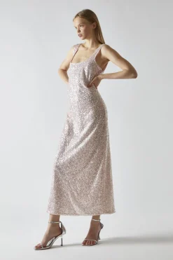 Glamorous Party Dresses|Going Out Dresses|Pink-Silver Sequin Square-Neck Bias-Cut Midaxi-Dress -