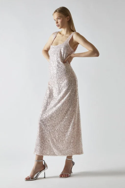 Glamorous Party Dresses|Going Out Dresses|Pink-Silver Sequin Square-Neck Bias-Cut Midaxi-Dress -