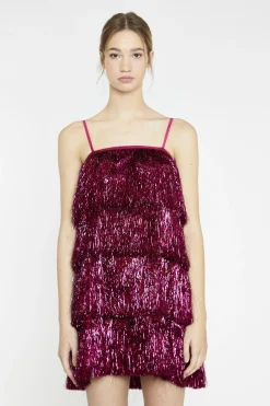 Glamorous Mini Dresses|Mini Dresses|Pink-Tinsel Fringe Mini-Dress -
