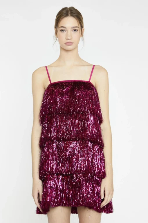Glamorous Mini Dresses|Mini Dresses|Pink-Tinsel Fringe Mini-Dress -