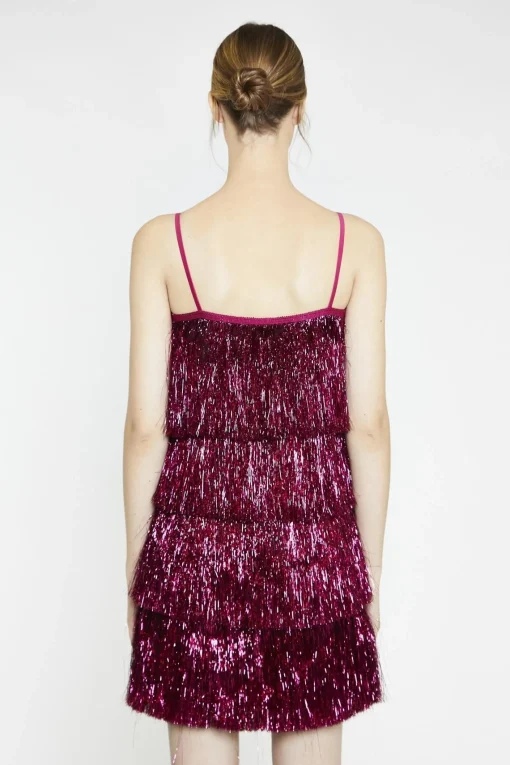 Glamorous Mini Dresses|Mini Dresses|Pink-Tinsel Fringe Mini-Dress -