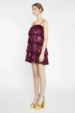 Glamorous Mini Dresses|Mini Dresses|Pink-Tinsel Fringe Mini-Dress -