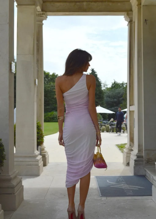 Glamorous Prom|Chic Escapes|Pink-White Ombre Mesh Asymmetric Ruched Midaxi-Dress -