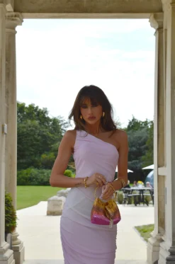 Glamorous Prom|Chic Escapes|Pink-White Ombre Mesh Asymmetric Ruched Midaxi-Dress -