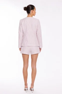 Glamorous Going Out Tops|Co-ords|Pink-White Tweed Collarless -Blazer -