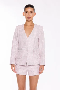 Glamorous Going Out Tops|Co-ords|Pink-White Tweed Collarless -Blazer -