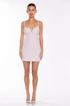 Glamorous Day Dresses|Party Dresses|Pink-White Tweed Diamante Trim Mini-Dress -