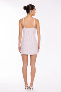 Glamorous Day Dresses|Party Dresses|Pink-White Tweed Diamante Trim Mini-Dress -