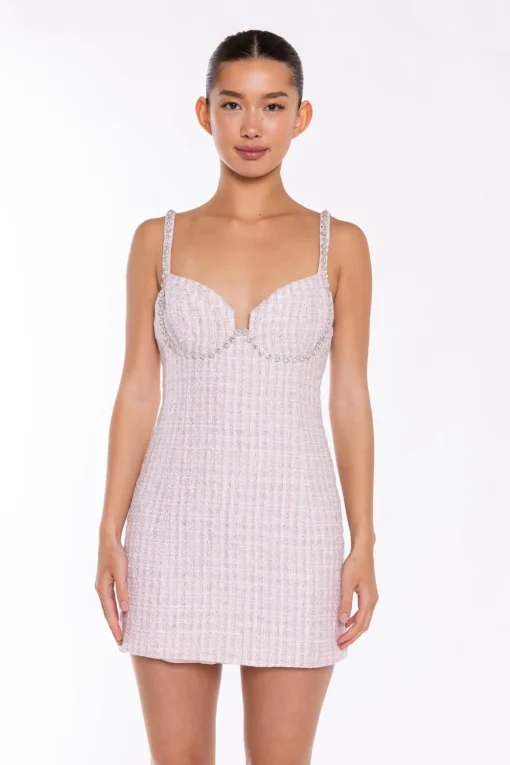 Glamorous Day Dresses|Party Dresses|Pink-White Tweed Diamante Trim Mini-Dress -