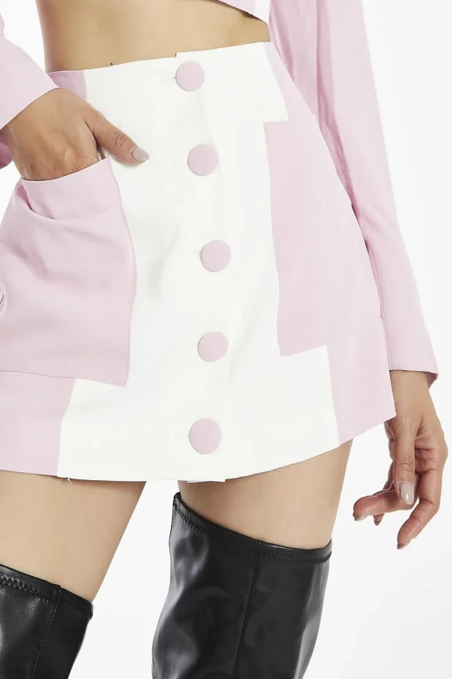Glamorous Mini Skirts|Pink-White-Colour-Block Button Mini-skirt -