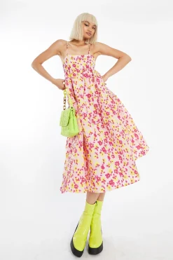 Glamorous Best Dressed Guest|Day Dresses|Pink-Yellow Organza Empire-Line Tie-Back Loose-Fit Smock Midi-Dress -