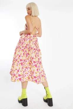 Glamorous Best Dressed Guest|Day Dresses|Pink-Yellow Organza Empire-Line Tie-Back Loose-Fit Smock Midi-Dress -