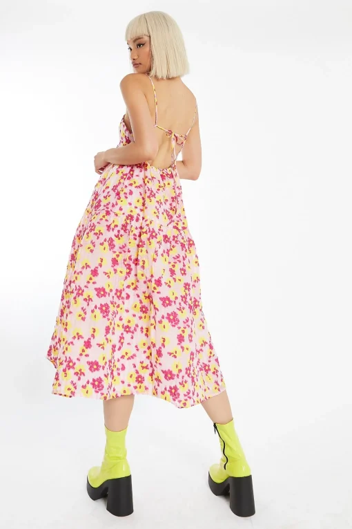 Glamorous Best Dressed Guest|Day Dresses|Pink-Yellow Organza Empire-Line Tie-Back Loose-Fit Smock Midi-Dress -