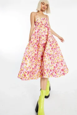 Glamorous Best Dressed Guest|Day Dresses|Pink-Yellow Organza Empire-Line Tie-Back Loose-Fit Smock Midi-Dress -