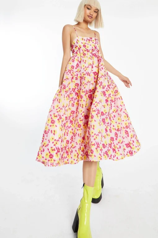 Glamorous Best Dressed Guest|Day Dresses|Pink-Yellow Organza Empire-Line Tie-Back Loose-Fit Smock Midi-Dress -