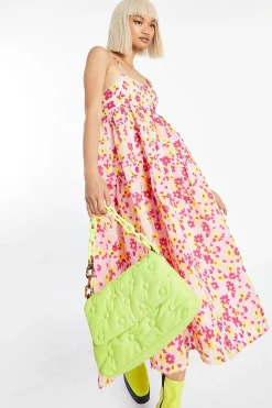 Glamorous Best Dressed Guest|Day Dresses|Pink-Yellow Organza Empire-Line Tie-Back Loose-Fit Smock Midi-Dress -