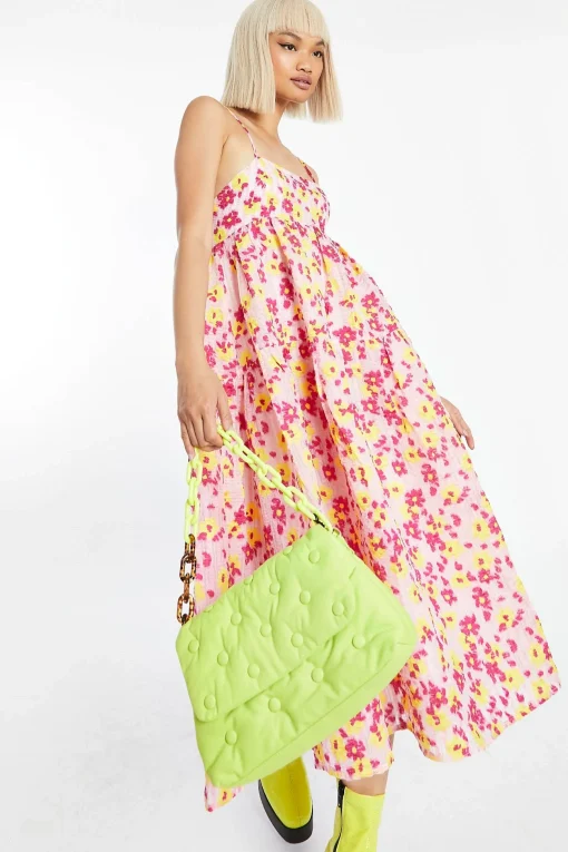 Glamorous Best Dressed Guest|Day Dresses|Pink-Yellow Organza Empire-Line Tie-Back Loose-Fit Smock Midi-Dress -
