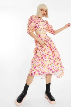Glamorous Best Dressed Guest|Co-ords|Pink-Yellow Organza Gathered Tiered Midi-Skirt -