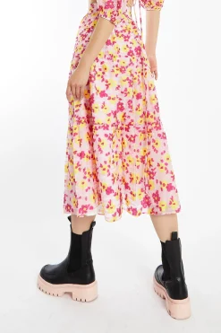 Glamorous Best Dressed Guest|Co-ords|Pink-Yellow Organza Gathered Tiered Midi-Skirt -