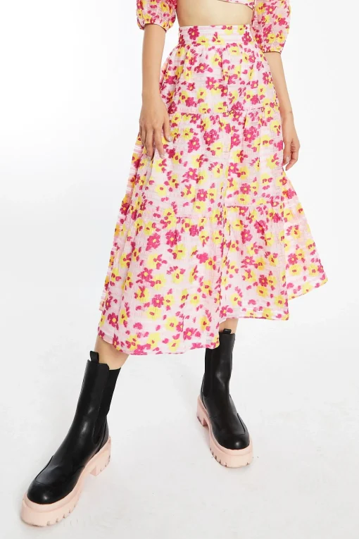 Glamorous Best Dressed Guest|Co-ords|Pink-Yellow Organza Gathered Tiered Midi-Skirt -