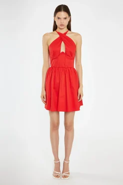 Glamorous Day Dresses|Mini Dresses|Poppy-Red Cross-Over Halterneck Corset Mini-Dress -