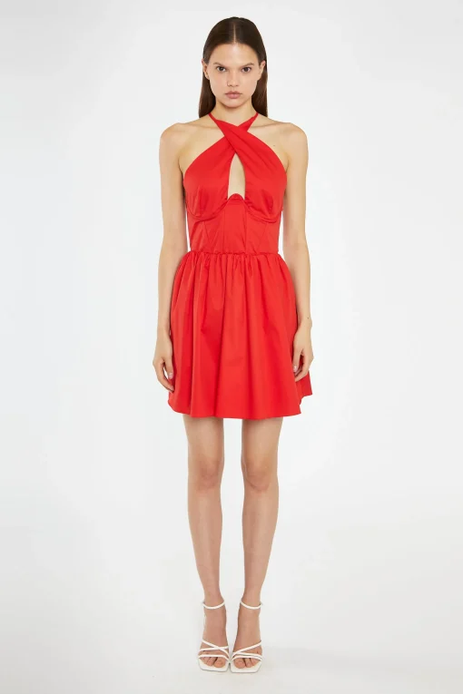 Glamorous Day Dresses|Mini Dresses|Poppy-Red Cross-Over Halterneck Corset Mini-Dress -