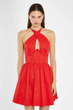 Glamorous Day Dresses|Mini Dresses|Poppy-Red Cross-Over Halterneck Corset Mini-Dress -