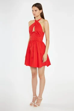 Glamorous Day Dresses|Mini Dresses|Poppy-Red Cross-Over Halterneck Corset Mini-Dress -