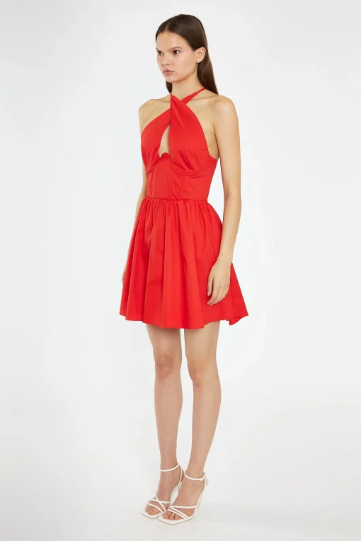 Glamorous Day Dresses|Mini Dresses|Poppy-Red Cross-Over Halterneck Corset Mini-Dress -