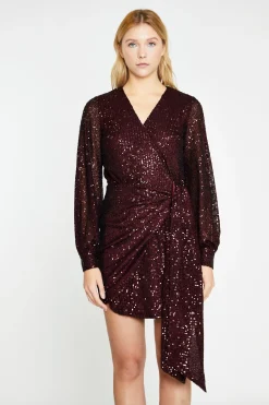 Glamorous Go To Partywear|Party Dresses|Port-Red Sequin Wrap-Front Mini-Dress -