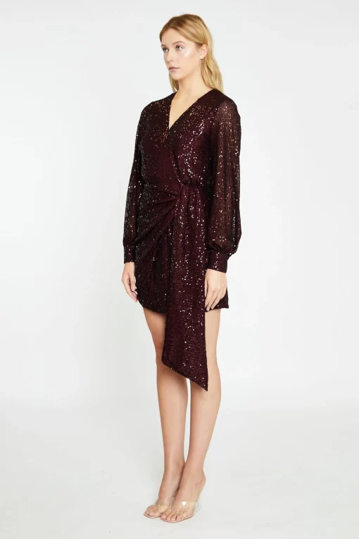 Glamorous Go To Partywear|Party Dresses|Port-Red Sequin Wrap-Front Mini-Dress -
