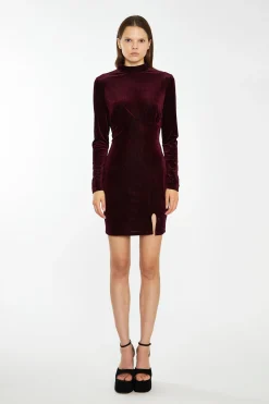 Glamorous Best Dressed Guest|Workwear|Port-Red Velvet-Rib High-Neck Side-Split Mini-Dress -