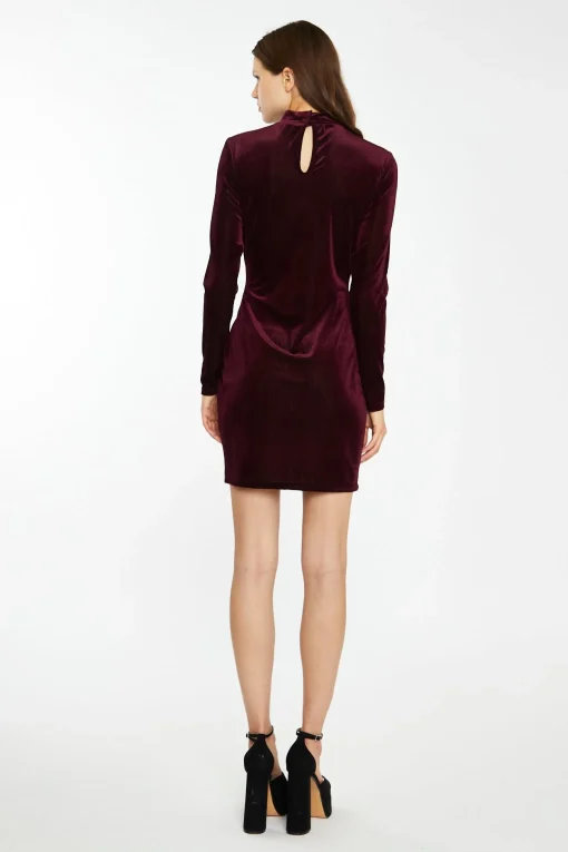 Glamorous Best Dressed Guest|Workwear|Port-Red Velvet-Rib High-Neck Side-Split Mini-Dress -