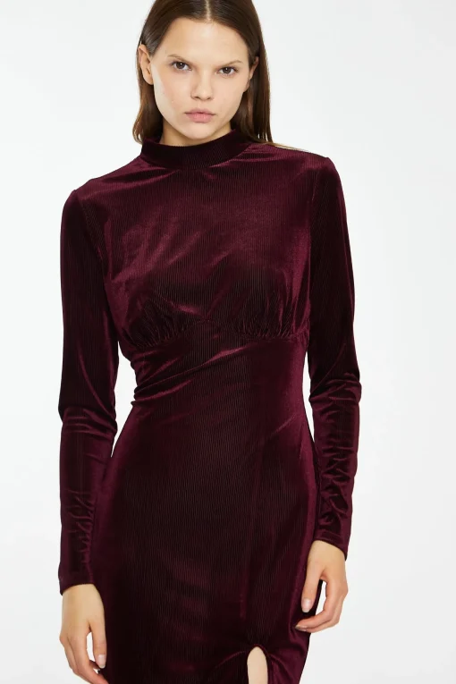 Glamorous Best Dressed Guest|Workwear|Port-Red Velvet-Rib High-Neck Side-Split Mini-Dress -