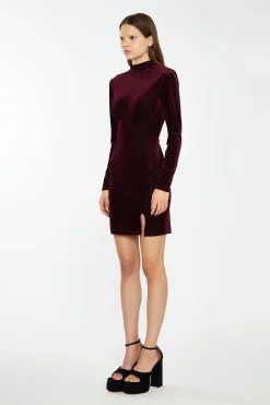 Glamorous Best Dressed Guest|Workwear|Port-Red Velvet-Rib High-Neck Side-Split Mini-Dress -