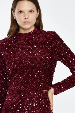 Glamorous Best Dressed Guest|Going Out Tops|Port-Red Velvet-Sequin High Neck -Top -