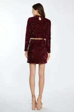 Glamorous Best Dressed Guest|Going Out Tops|Port-Red Velvet-Sequin High Neck -Top -