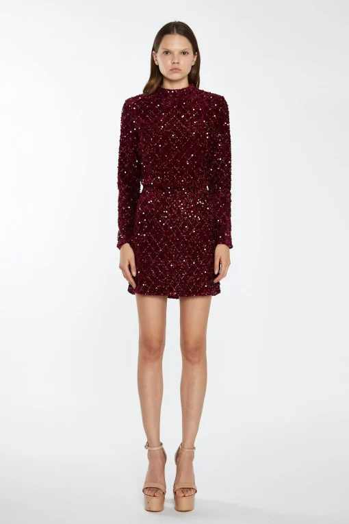Glamorous Best Dressed Guest|Going Out Skirts|Port-Red Velvet-Sequin Mini-Skirt -