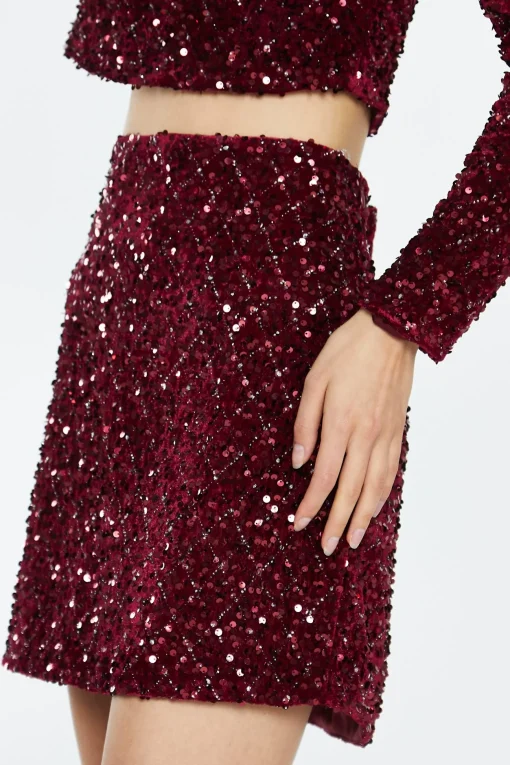 Glamorous Best Dressed Guest|Going Out Skirts|Port-Red Velvet-Sequin Mini-Skirt -